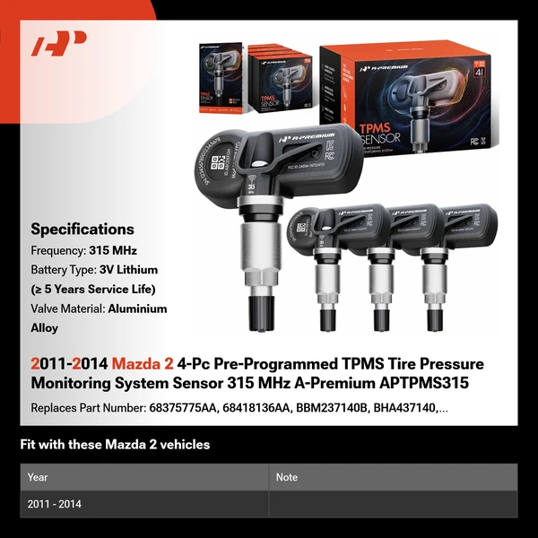 2011-2014 Mazda 2 4-Pc Pre-Programmed TPMS Tire Pressure Monitoring System Sensor 315 MHz A-Premium APTPMS315