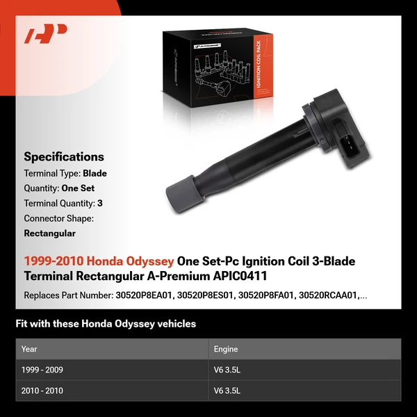 1999-2010 Honda Odyssey One Set-Pc Ignition Coil 3-Blade Terminal Rectangular A-Premium APIC0411