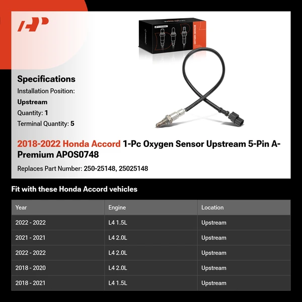 2018-2022 Honda Accord 1-Pc Oxygen Sensor Upstream 5-Pin A-Premium APOS0748