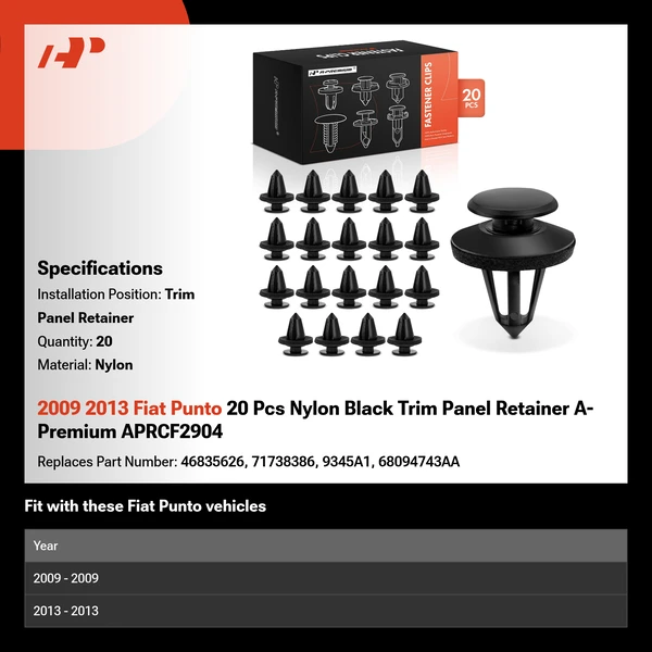 2009 2013 Fiat Punto 20 Pcs Nylon Black Trim Panel Retainer A-Premium APRCF2904