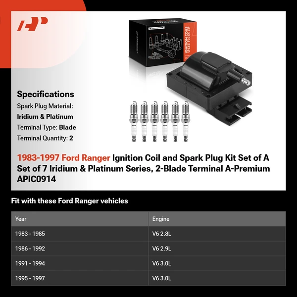 1983-1997 Ford Ranger Ignition Coil and Spark Plug Kit Set of A Set of 7 Iridium & Platinum Series, 2-Blade Terminal A-Premium APIC0914
