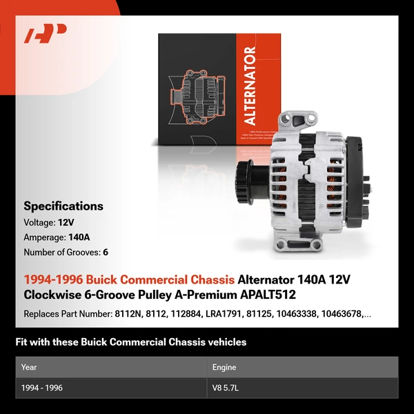 1994-1996 Buick Commercial Chassis Alternator 140A 12V Clockwise 6-Groove Pulley A-Premium APALT512