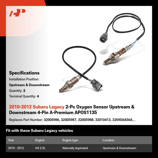 2010-2012 Subaru Legacy 2-Pc Oxygen Sensor Upstream & Downstream 4-Pin A-Premium APOS1135
