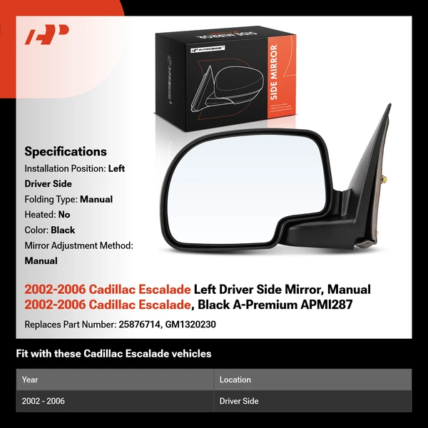 2002-2006 Cadillac Escalade Left Driver Side Mirror, Manual 2002-2006 Cadillac Escalade, Black A-Premium APMI287
