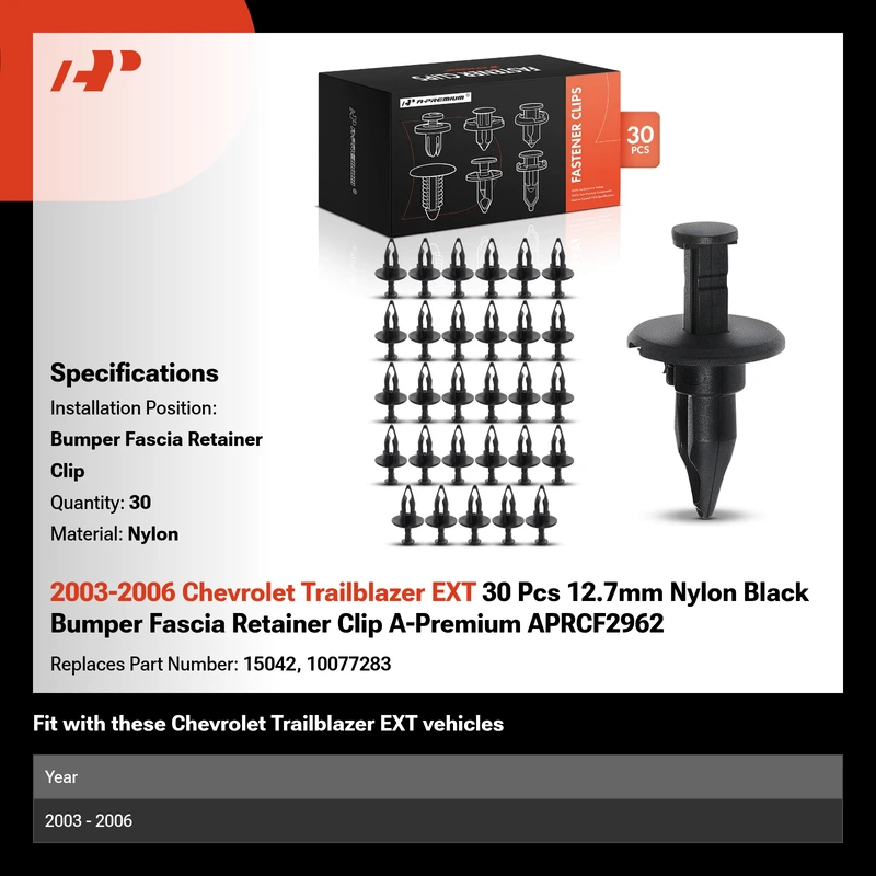 2003-2006 Chevrolet Trailblazer EXT 30 Pcs 12.7mm Nylon Black Bumper Fascia Retainer Clip A-Premium APRCF2962