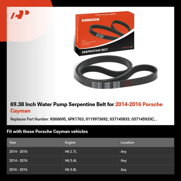 69.38 Inch Water Pump Serpentine Belt for 2014-2016 Porsche Cayman
