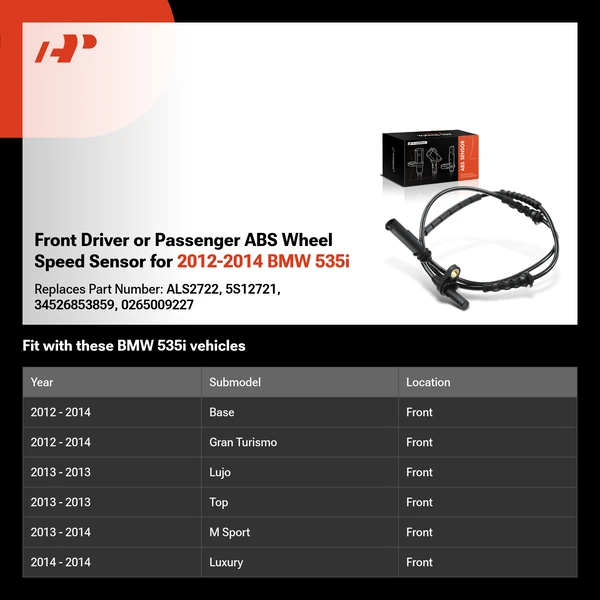 Front Driver or Passenger ABS Wheel Speed Sensor for 2012-2014 BMW 535i