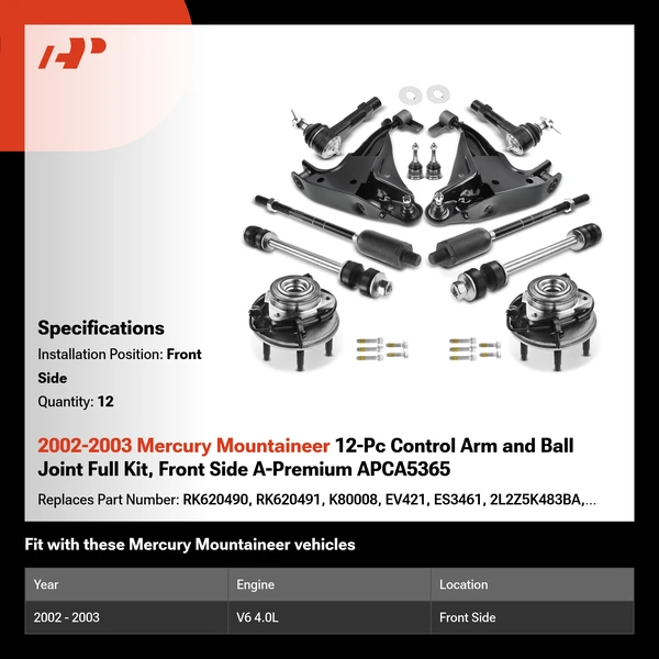 2002-2003 Mercury Mountaineer 12-Pc Control Arm and Ball Joint Full Kit, Front Side A-Premium APCA5365