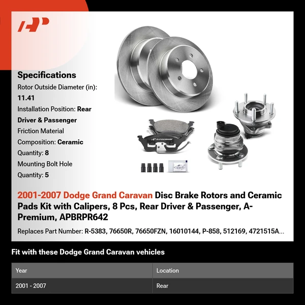 2001-2007 Dodge Grand Caravan Disc Brake Rotors and Ceramic Pads Kit with Calipers, 8 Pcs, Rear Driver & Passenger, A-Premium, APBRPR642