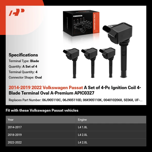 2014-2019 2022 Volkswagen Passat A Set of 4-Pc Ignition Coil 4-Blade Terminal Oval A-Premium APIC0327