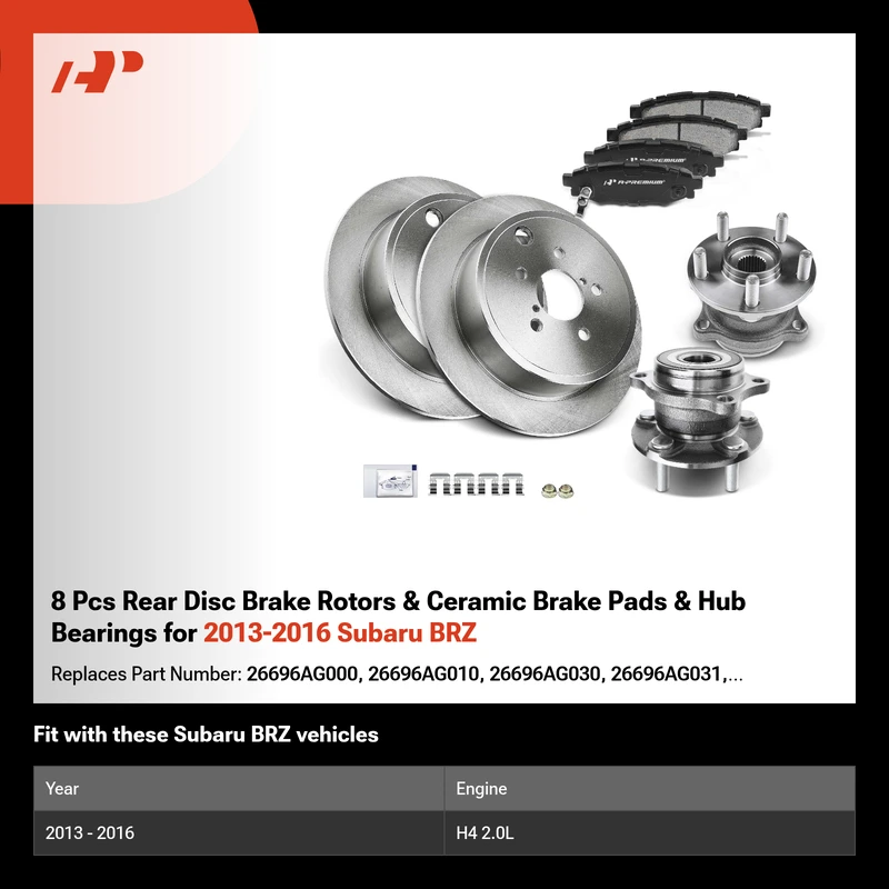 8 Pcs Rear Disc Brake Rotors & Ceramic Brake Pads & Hub Bearings for 2013-2016 Subaru BRZ