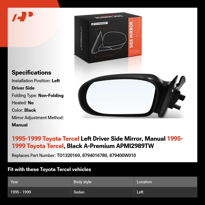 1995-1999 Toyota Tercel Left Driver Side Mirror, Manual 1995-1999 Toyota Tercel, Black A-Premium APMI2989TW
