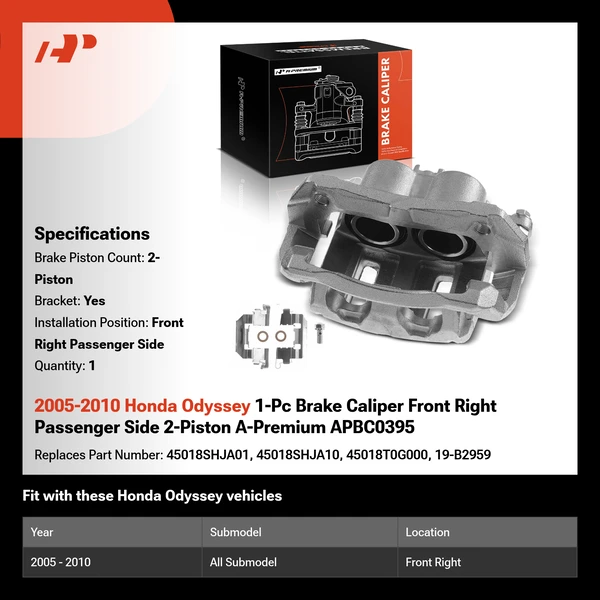 2005-2010 Honda Odyssey 1-Pc Brake Caliper Front Right Passenger Side 2-Piston A-Premium APBC0395