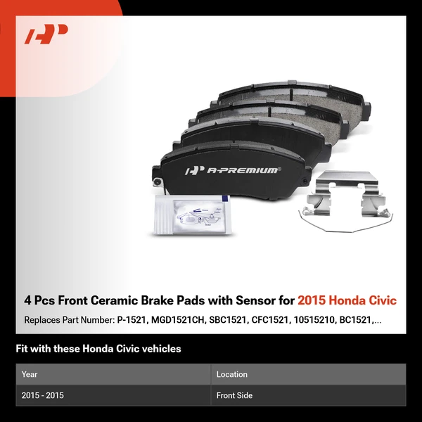 4 Pcs Front Ceramic Brake Pads with Sensor for 2015 Honda Civic