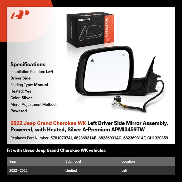 2022 Jeep Grand Cherokee WK Left Driver Side Mirror Assembly, Powered, with Heated, Silver A-Premium APMI3459TW