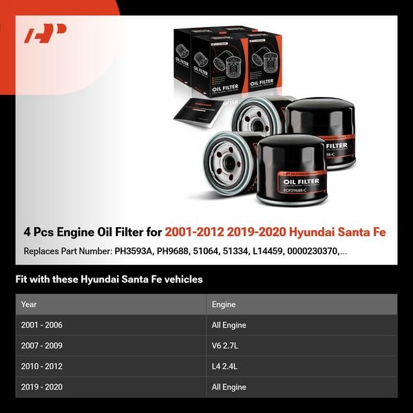 4 Pcs Engine Oil Filter for 2001-2012 2019-2020 Hyundai Santa Fe