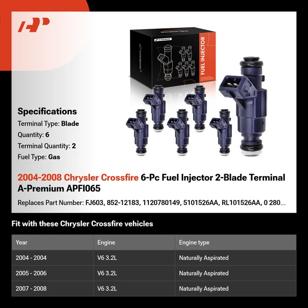 2004-2008 Chrysler Crossfire 6-Pc Fuel Injector 2-Blade Terminal A-Premium APFI065