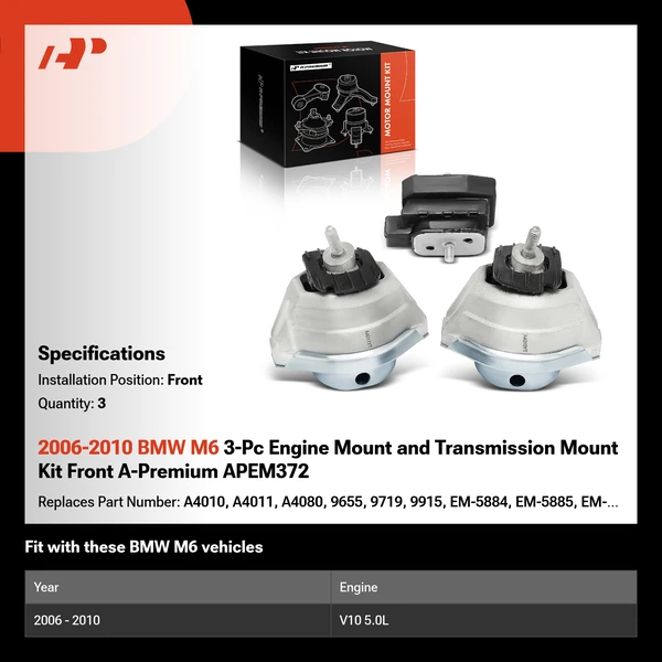 2006-2010 BMW M6 3-Pc Engine Mount and Transmission Mount Kit Front A-Premium APEM372