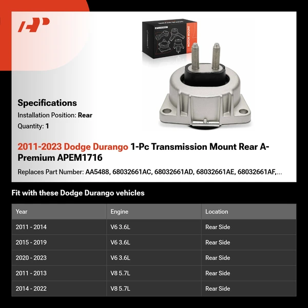 2011-2023 Dodge Durango 1-Pc Transmission Mount Rear A-Premium APEM1716
