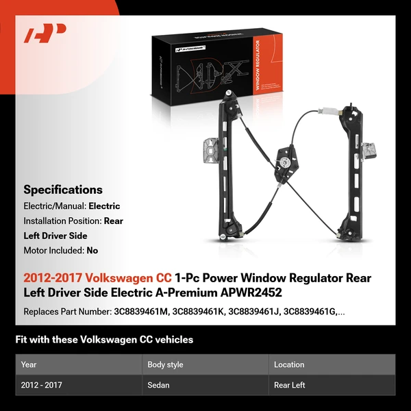 2012-2017 Volkswagen CC 1-Pc Power Window Regulator Rear Left Driver Side Electric A-Premium APWR2452