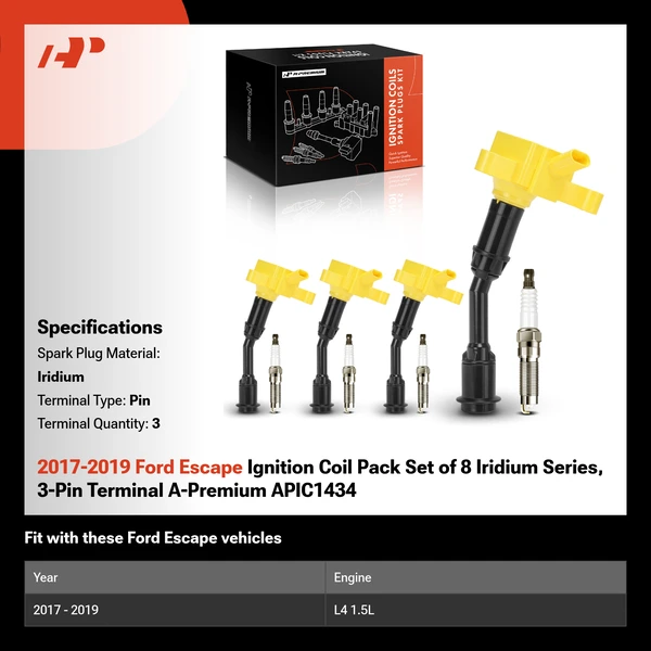 2017-2019 Ford Escape Ignition Coil Pack Set of 8 Iridium Series, 3-Pin Terminal A-Premium APIC1434