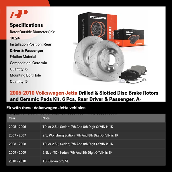 2005-2010 Volkswagen Jetta Drilled & Slotted Disc Brake Rotors and Ceramic Pads Kit, 6 Pcs, Rear Driver & Passenger, A-Premium, APBRPS297