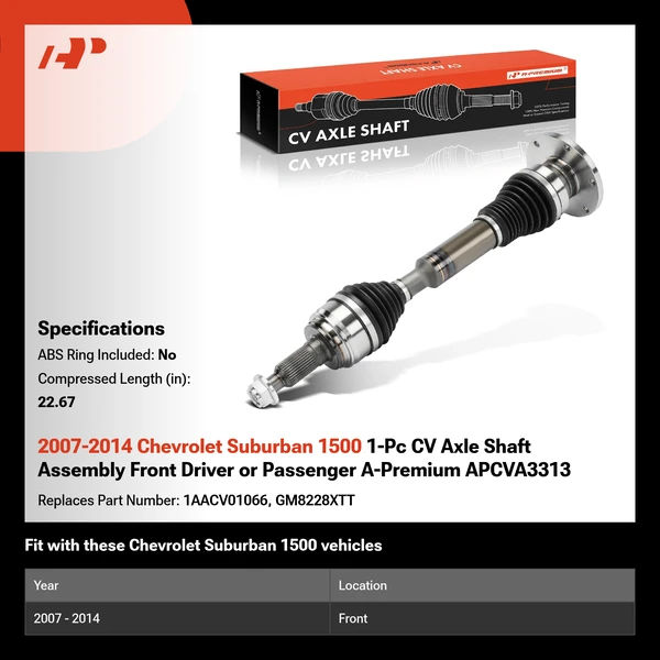 2007-2014 Chevrolet Suburban 1500 1-Pc CV Axle Shaft Assembly Front Driver or Passenger A-Premium APCVA3313