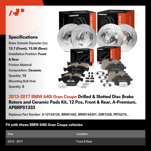 2013-2017 BMW 640i Gran Coupe Drilled & Slotted Disc Brake Rotors and Ceramic Pads Kit, 12 Pcs, Front & Rear, A-Premium, APBRPS1333