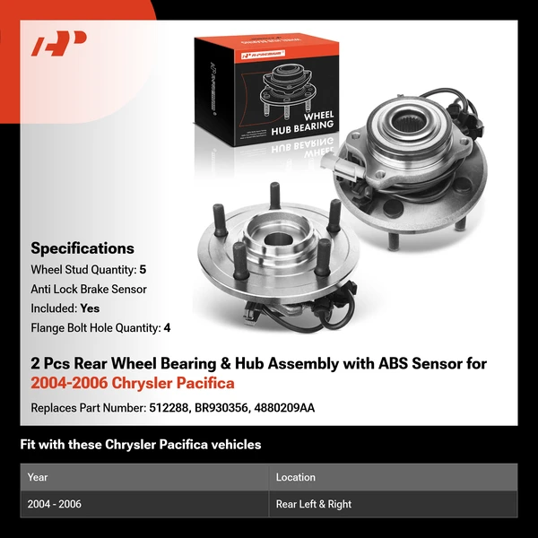 2 Pcs Rear Wheel Bearing & Hub Assembly with ABS Sensor for 2004-2006 Chrysler Pacifica