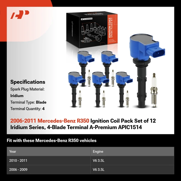 2006-2011 Mercedes-Benz R350 Ignition Coil Pack Set of 12 Iridium Series, 4-Blade Terminal A-Premium APIC1514