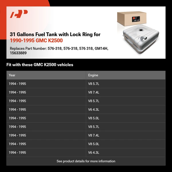 31 Gallons Fuel Tank with Lock Ring for 1990-1995 GMC K2500