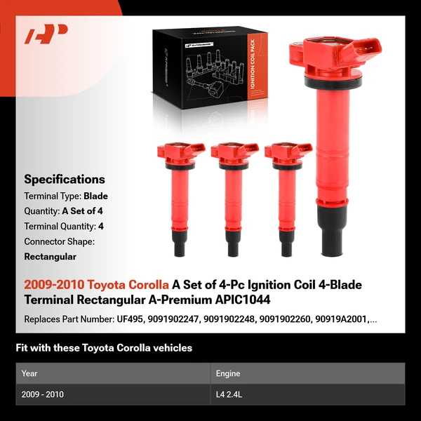 2009-2010 Toyota Corolla A Set of 4-Pc Ignition Coil 4-Blade Terminal Rectangular A-Premium APIC1044
