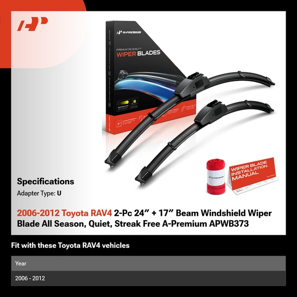 2006-2012 Toyota RAV4 2-Pc 24″ + 17″ Beam Windshield Wiper Blade All Season, Quiet, Streak Free A-Premium APWB373