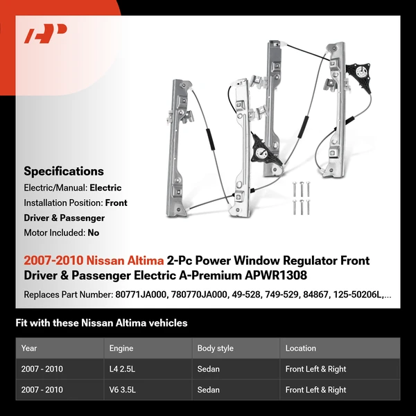 2007-2010 Nissan Altima 2-Pc Power Window Regulator Front Driver & Passenger Electric A-Premium APWR1308