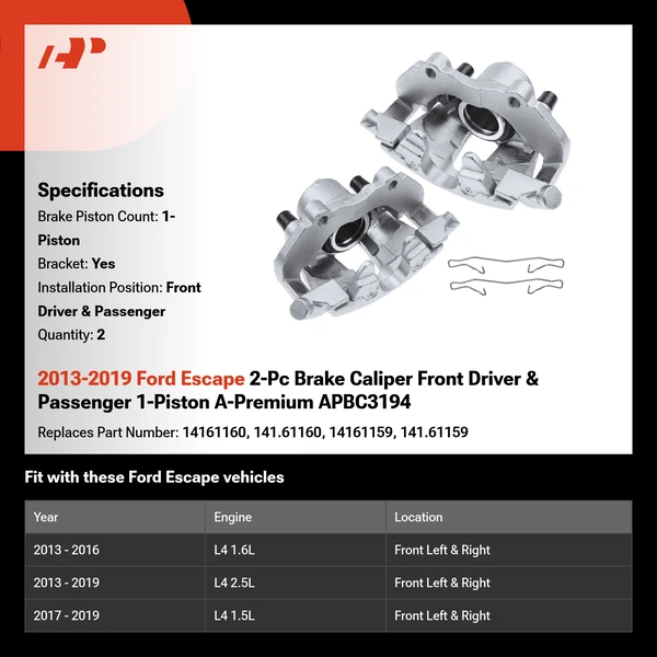 2013-2019 Ford Escape 2-Pc Brake Caliper Front Driver & Passenger 1-Piston A-Premium APBC3194