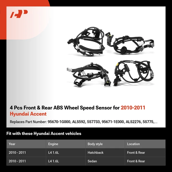 4 Pcs Front & Rear ABS Wheel Speed Sensor for 2010-2011 Hyundai Accent