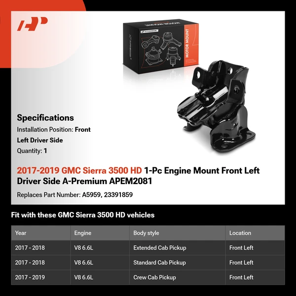 2017-2019 GMC Sierra 3500 HD 1-Pc Engine Mount Front Left Driver Side A-Premium APEM2081