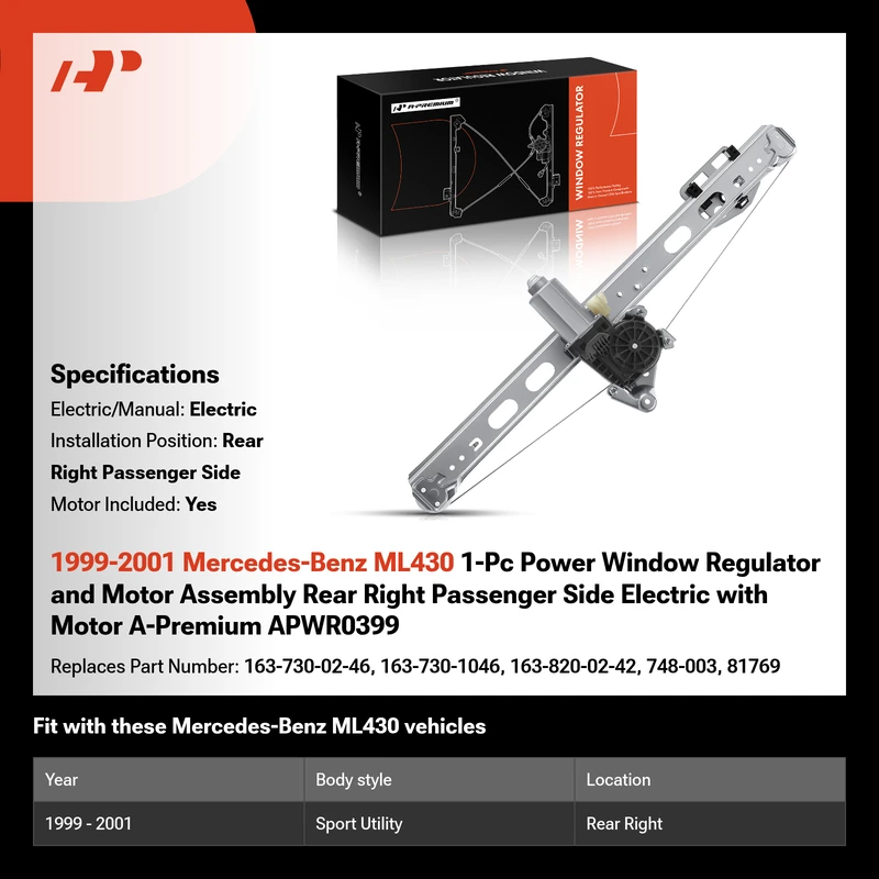 1999-2001 Mercedes-Benz ML430 1-Pc Power Window Regulator and Motor Assembly Rear Right Passenger Side Electric with Motor A-Premium APWR0399