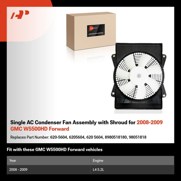 Single AC Condenser Fan Assembly with Shroud for 2008-2009 GMC W5500HD Forward