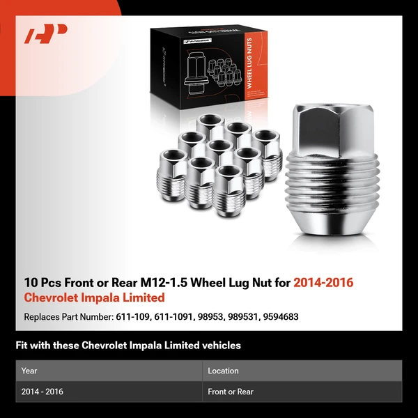 10 Pcs Front or Rear M12-1.5 Wheel Lug Nut for 2014-2016 Chevrolet Impala Limited