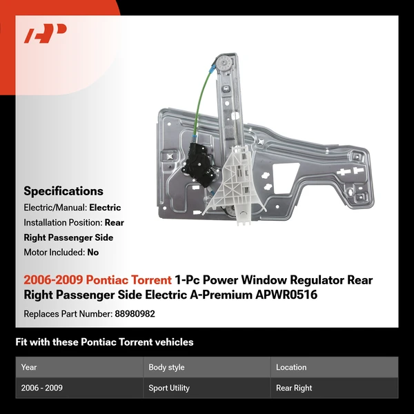 2006-2009 Pontiac Torrent 1-Pc Power Window Regulator Rear Right Passenger Side Electric A-Premium APWR0516