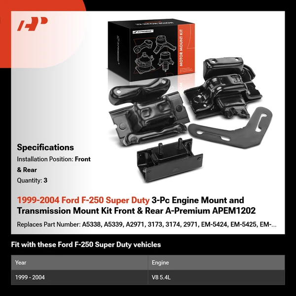 1999-2004 Ford F-250 Super Duty 3-Pc Engine Mount and Transmission Mount Kit Front & Rear A-Premium APEM1202