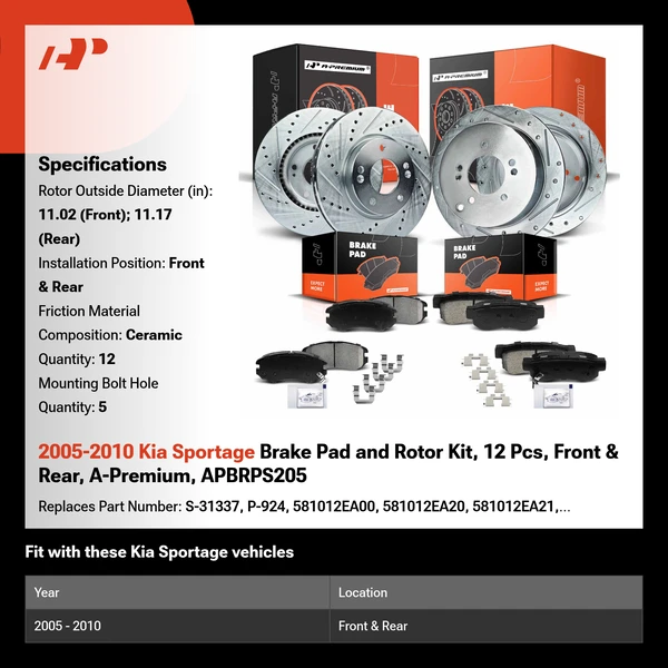 2005-2010 Kia Sportage Brake Pad and Rotor Kit, 12 Pcs, Front & Rear, A-Premium, APBRPS205