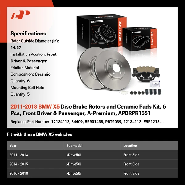 2011-2018 BMW X5 Disc Brake Rotors and Ceramic Pads Kit, 6 Pcs, Front Driver & Passenger, A-Premium, APBRPR1551