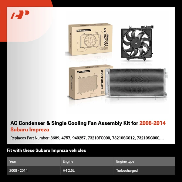 AC Condenser & Single Cooling Fan Assembly Kit for 2008-2014 Subaru Impreza