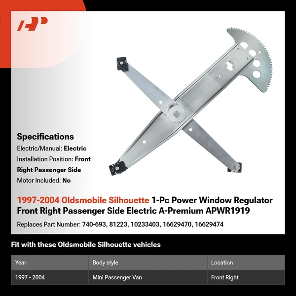 1997-2004 Oldsmobile Silhouette 1-Pc Power Window Regulator Front Right Passenger Side Electric A-Premium APWR1919