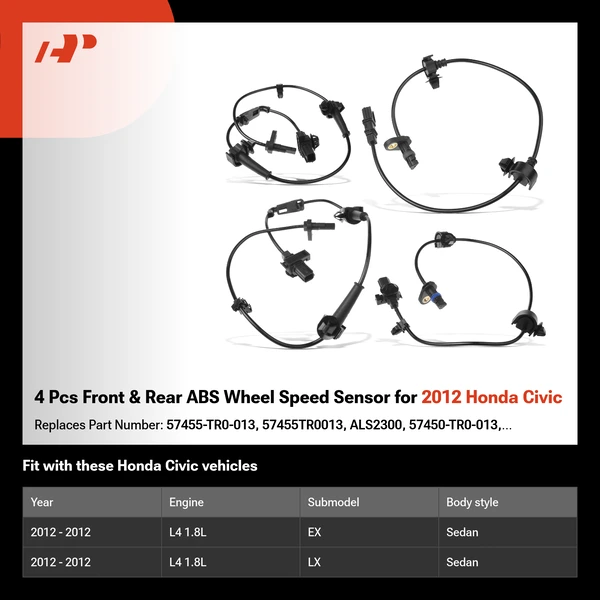 4 Pcs Front & Rear ABS Wheel Speed Sensor for 2012 Honda Civic