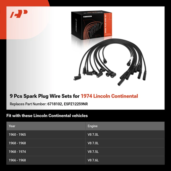 9 Pcs Spark Plug Wire Sets for 1974 Lincoln Continental