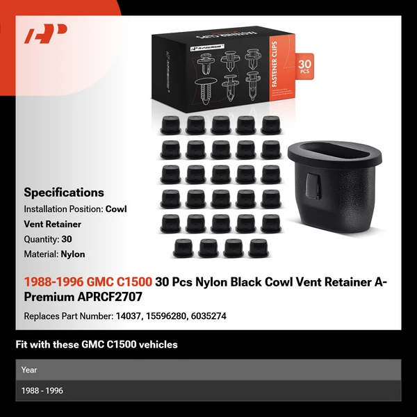 1988-1996 GMC C1500 30 Pcs Nylon Black Cowl Vent Retainer A-Premium APRCF2707