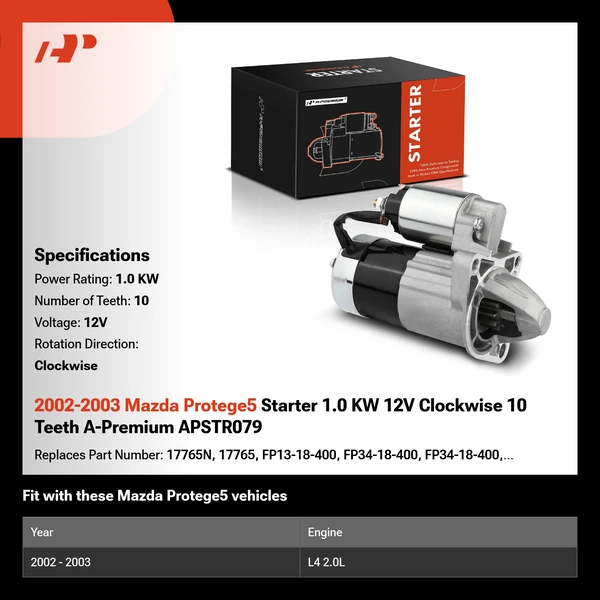 2002-2003 Mazda Protege5 Starter 1.0 KW 12V Clockwise 10 Teeth A-Premium APSTR079